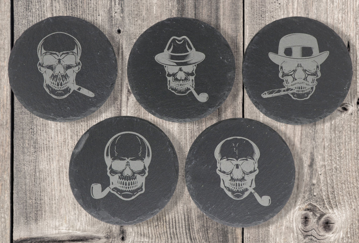 Smoking Skulls Coaster Set - Round Slate