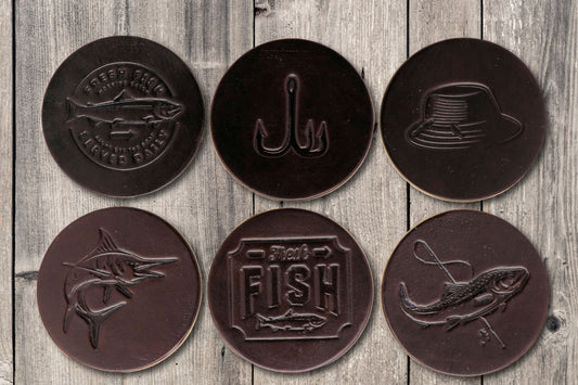 Fishing Themed Premium Leather Coasters - Dark Brown
