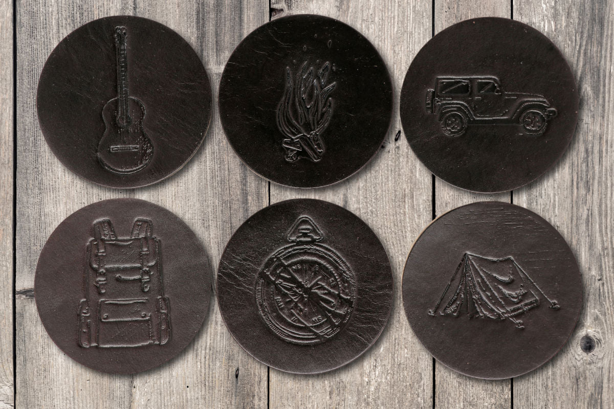 Camping Themed Premium Leather Coasters - Dark Brown