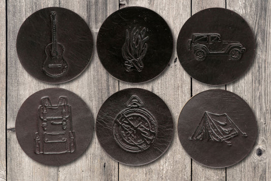 Camping Themed Premium Leather Coasters - Dark Brown