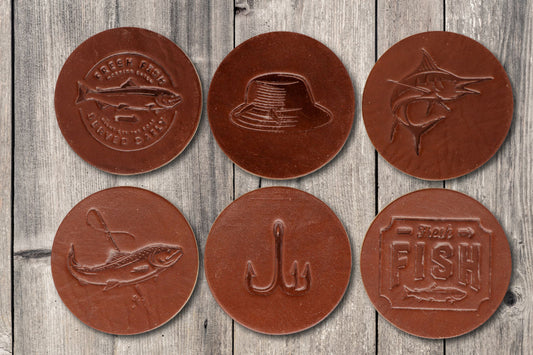 Fishing Themed Premium Leather Coasters - Medium Brown