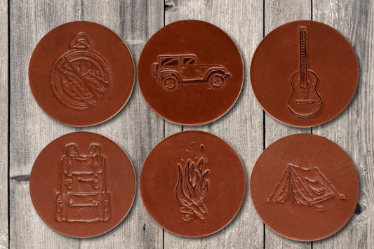 Camping Themed Premium Leather Coasters - Medium Brown