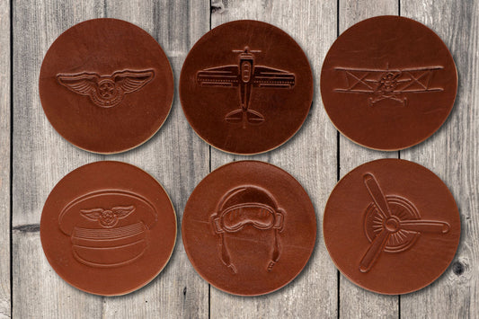 Flight Themed Premium Leather Coasters - Medium Brown
