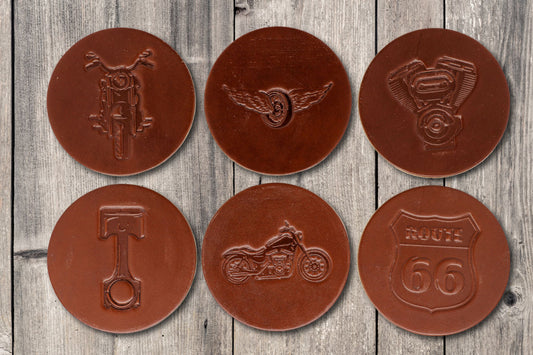 Motorcycle Themed Premium Leather Coasters - Medium Brown
