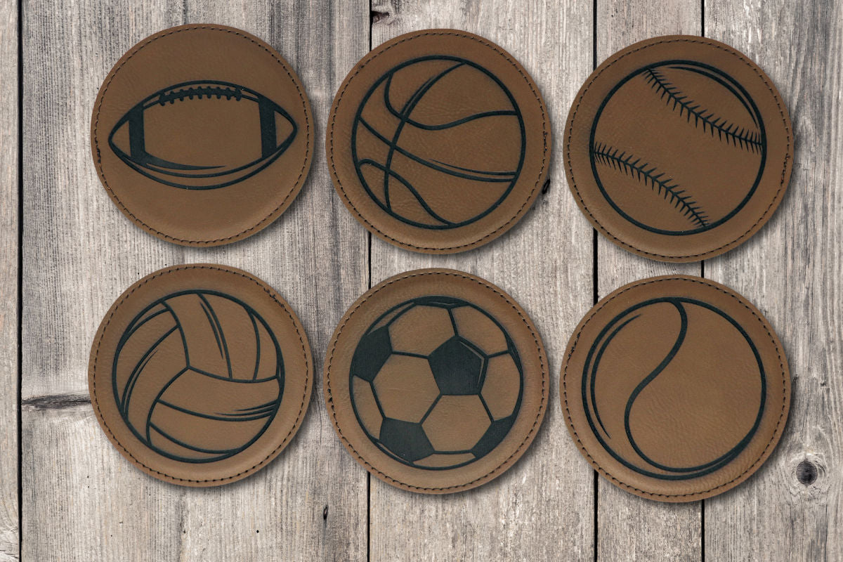 Sports Balls Round Leatherette Coaster Set - Dark Brown