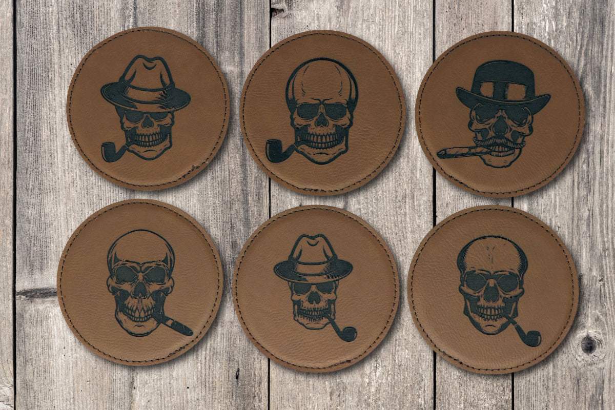 Smoking Skulls Round Leatherette Coaster Set - Dark Brown