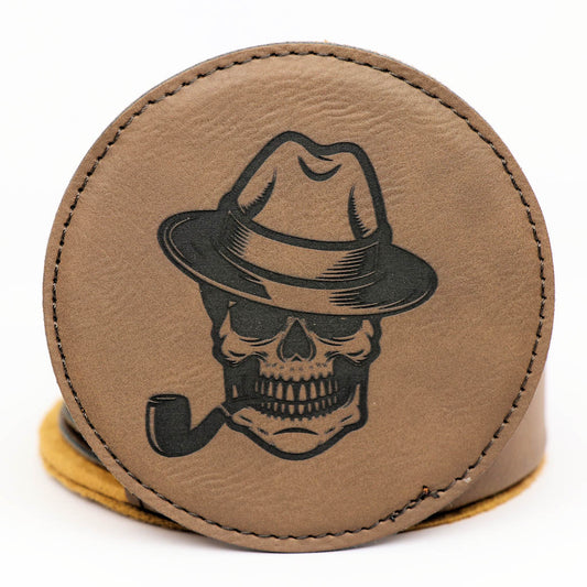Smoking Skulls Round Leatherette Coaster Set - Dark Brown