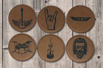 Rock 'n Roll Round Leatherette Coaster Set - Dark Brown