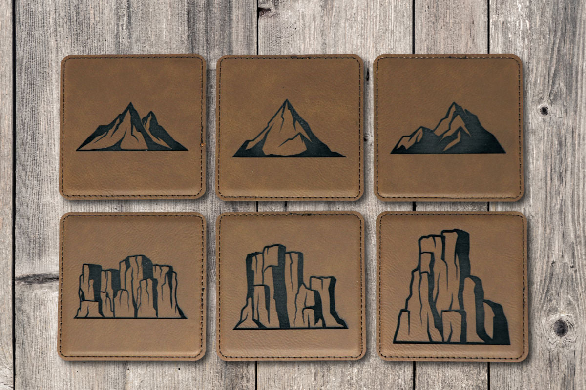 Mountains Square Leatherette Coaster Set - Dark Brown