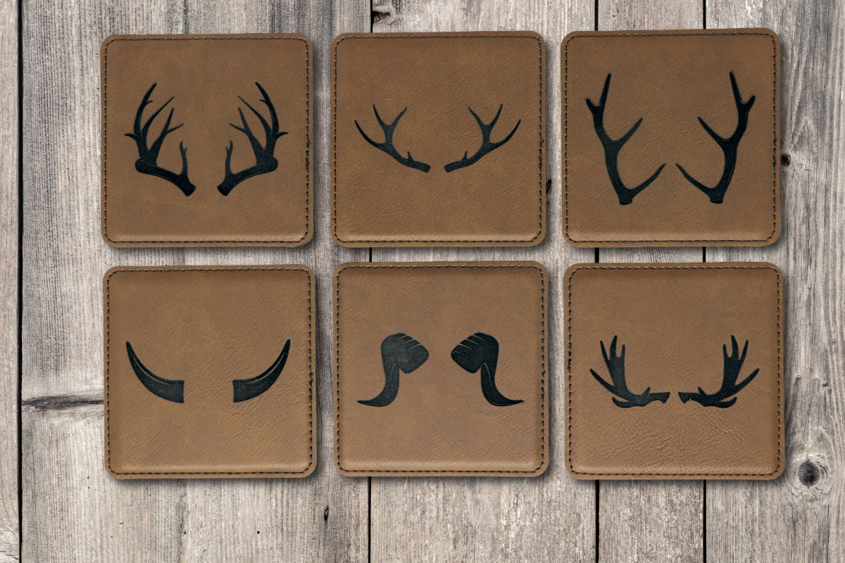 Animal Horns Square Leatherette Coaster Set - Dark Brown