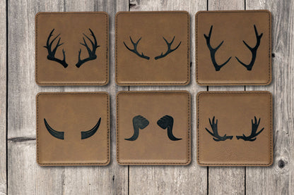 Animal Horns Square Leatherette Coaster Set - Dark Brown