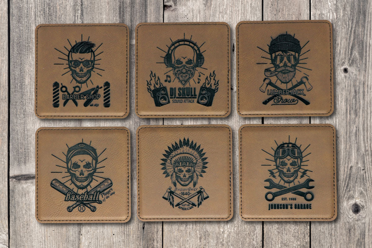 Working Skulls Square Leatherette Coaster Set - Dark Brown