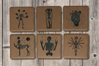 Lively Skeletons Square Leatherette Coaster Set - Dark Brown