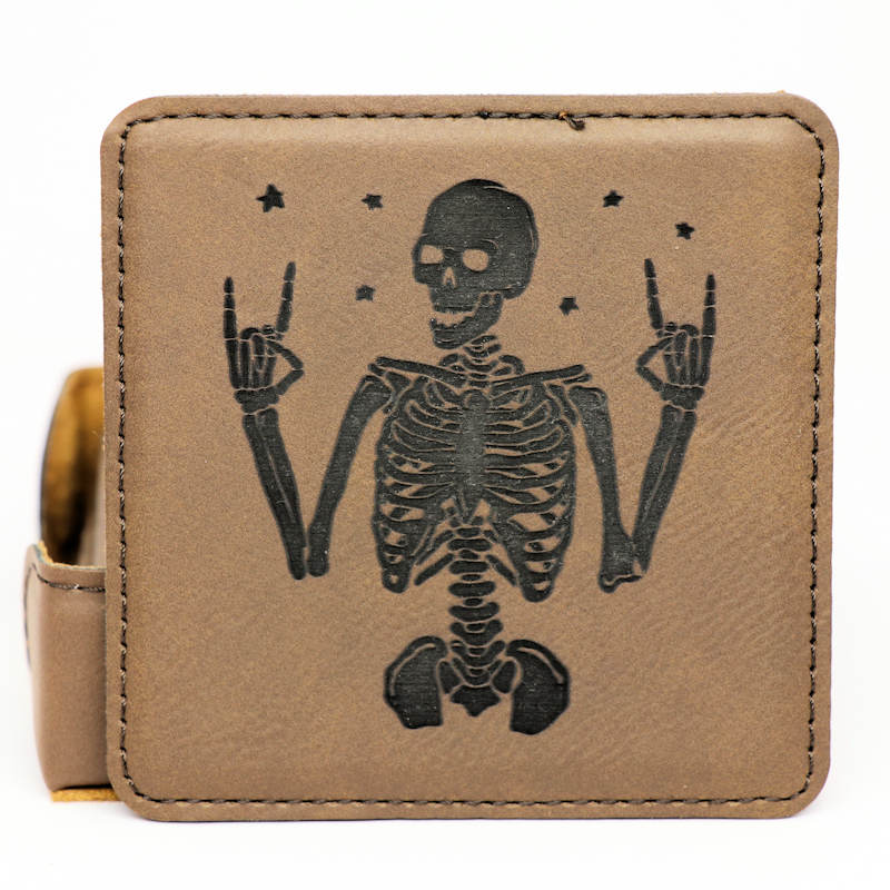 Lively Skeletons Square Leatherette Coaster Set - Dark Brown