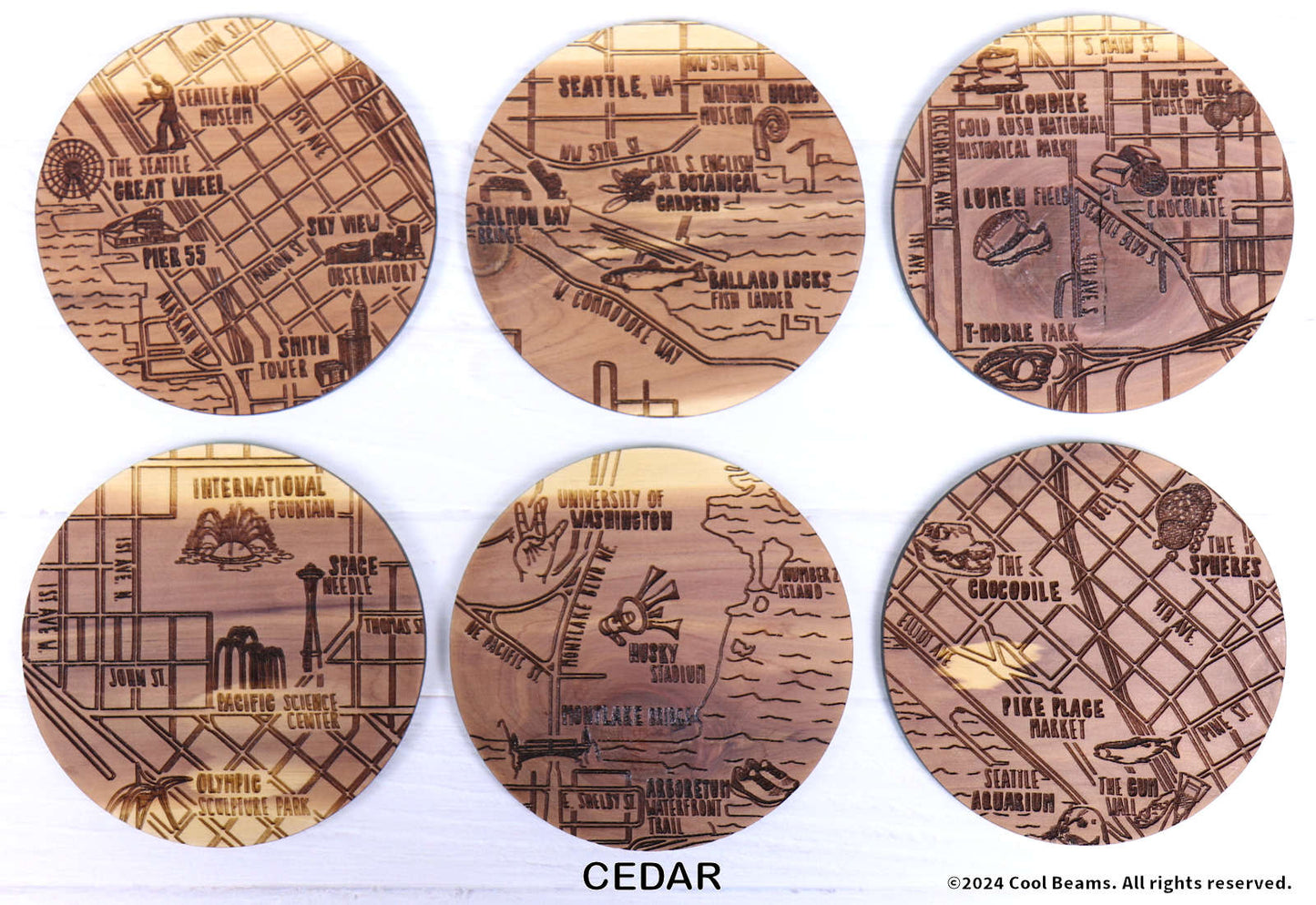 Seattle Washington Solid Wood Coaster Set
