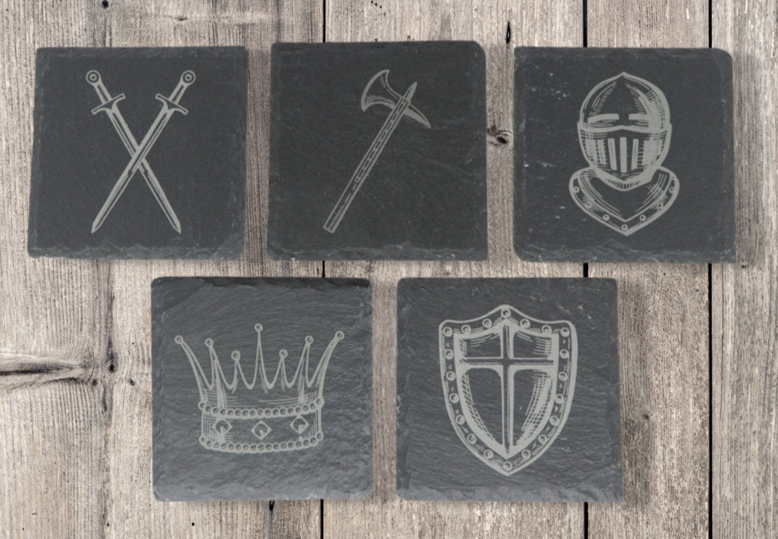 Medieval Coaster Set in Square Slate complete set of 5