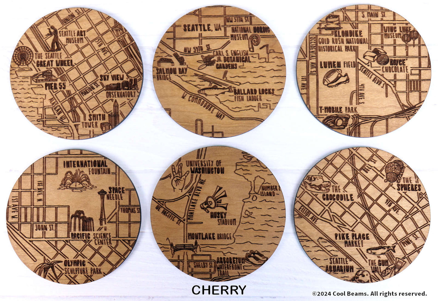 Seattle Washington Solid Wood Coaster Set