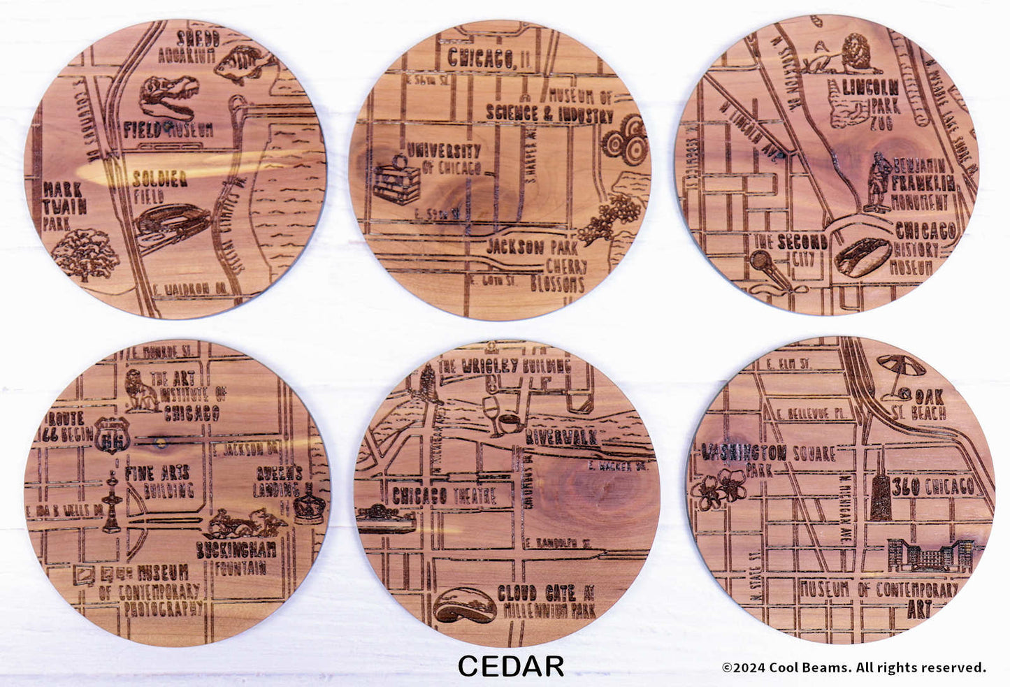 Chicago Illinois Solid Wood Coaster Set