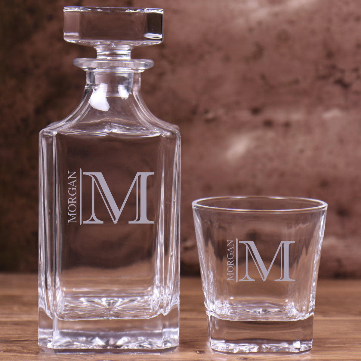 Square Decanter Set with Four Rocks Glasses - Monogram